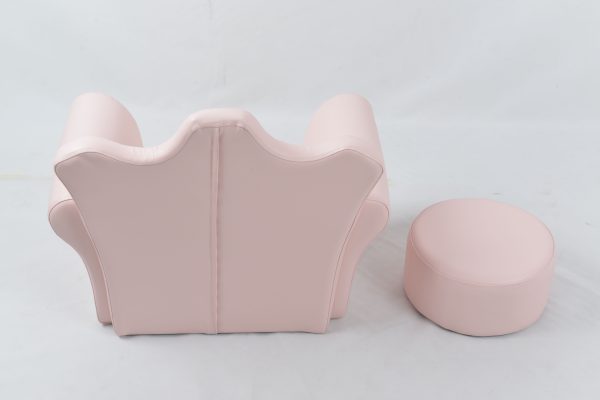 Pink Kids Armchair and Ottoman Back View Back and side view of pink kids armchair with matching ottoman