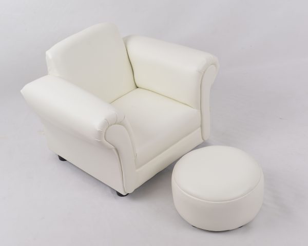 White Baby Armchair with Ottoman Front View White baby armchair with ottoman in a classic upholstered design