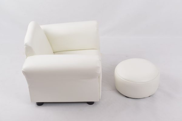White Baby Armchair with Ottoman Right Side View Right side view of white baby armchair with matching ottoman