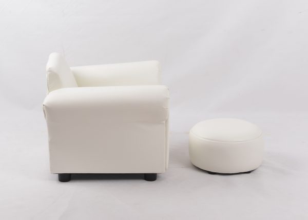 White Baby Armchair with Ottoman Left Side View Left side view of white baby armchair with matching ottoman