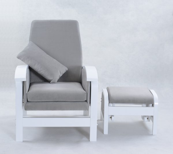 Nursery glider chair with ottoman in gray upholstery and white frame
