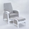 Upholstered nursery glider chair with ottoman angled front view