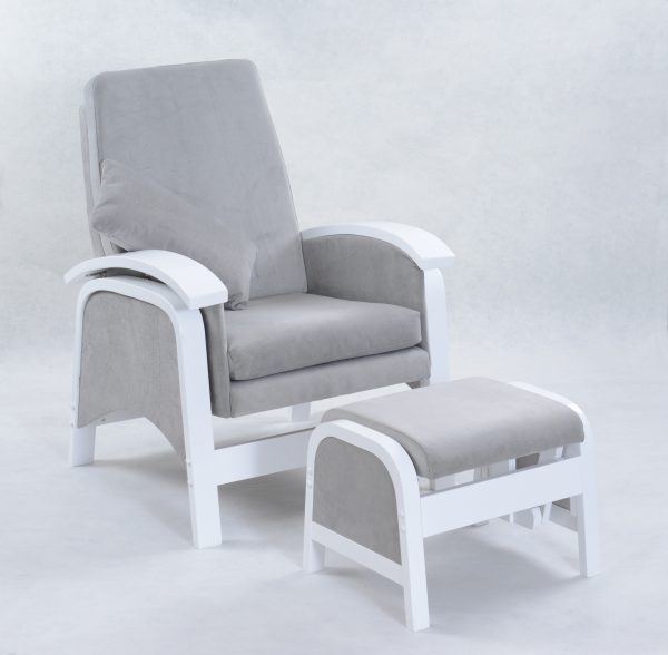 Upholstered nursery glider chair with ottoman angled front view