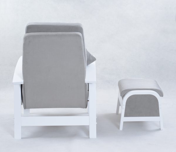 Back view of upholstered nursery glider chair with matching ottoman