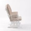 White Nursery Glider Chair Side View Side view of white wooden nursery glider chair with gray upholstery