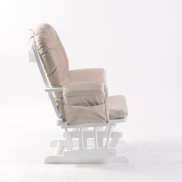 White Nursery Glider Chair Side View Side view of white wooden nursery glider chair with gray upholstery