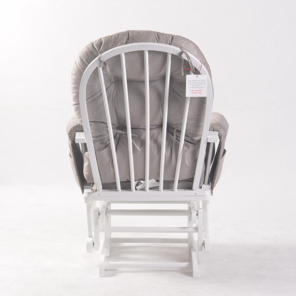 White Wooden Nursery Glider Back View White wooden nursery glider chair showing back frame and side storage pocket