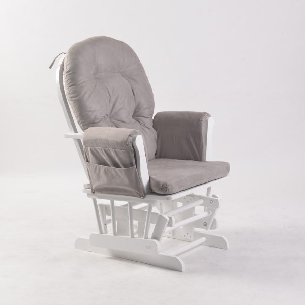 White Wooden Glider Chair White wooden nursery glider chair with gray tufted cushion and side storage pocket
