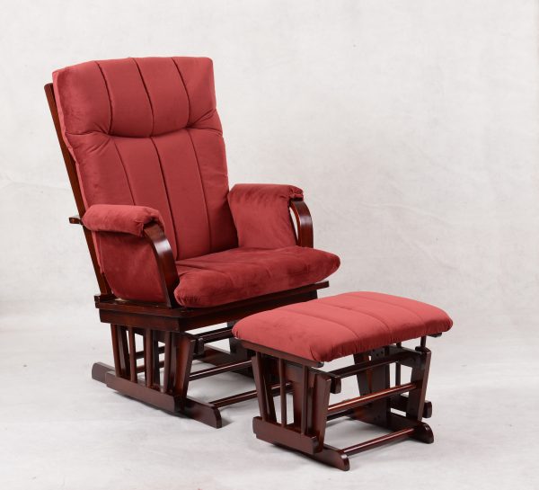 Red Nursery Glider Chair with Ottoman featuring a padded high back