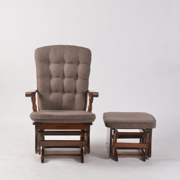 Classic wooden nursery glider chair with gray brown cushions and ottoman Classic wooden nursery glider chair with gray brown cushions and ottoman
