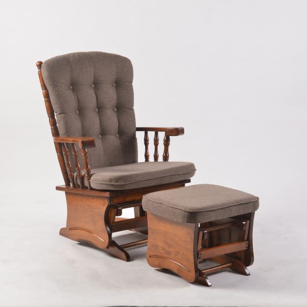 Brown Upholstered Wooden Glider Chair Brown upholstered wooden nursery glider chair with matching ottoman
