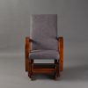 Wooden nursery glider chair with gray upholstered high back front view