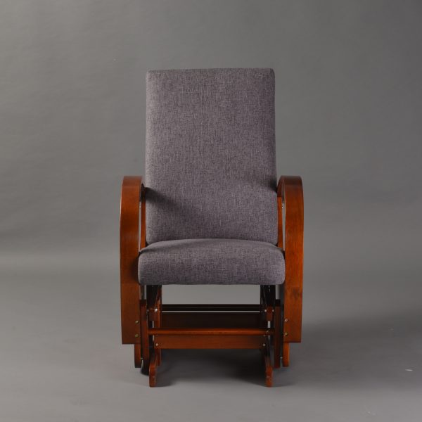 Wooden nursery glider chair with gray upholstered high back front view