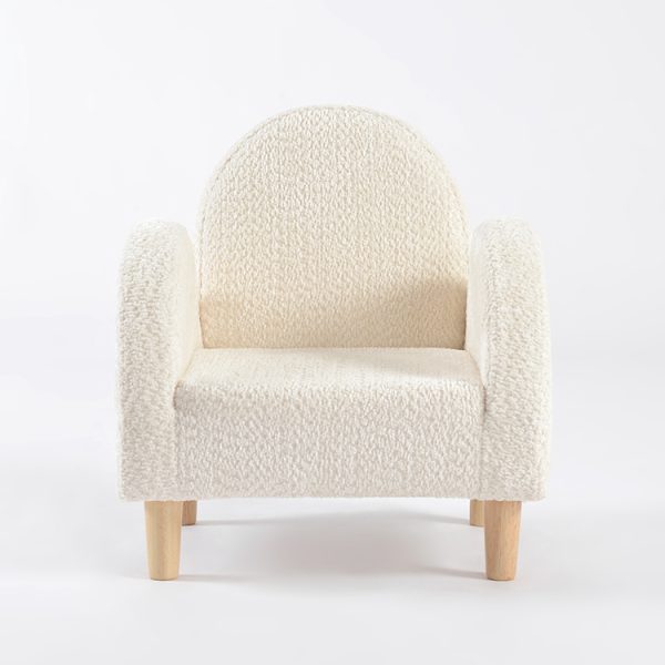 Cream Upholstered Kids Armchair – Front View Cream upholstered kids armchair with rounded backrest, padded arms and wooden legs