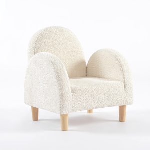 Cream upholstered kids chair with rounded armrests and natural wooden legs