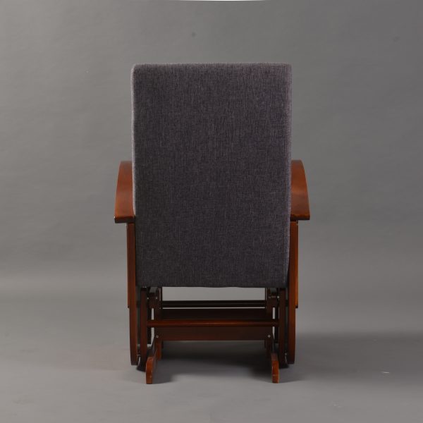 Back view of gray upholstered wooden nursery glider chair