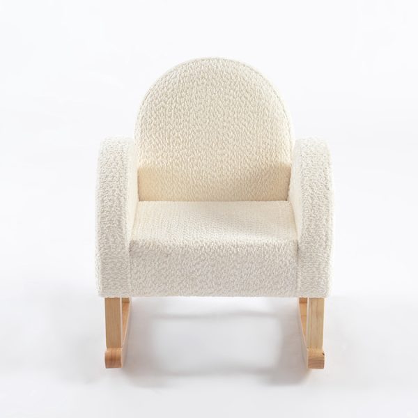 Kids Rocking Chair – Front View Cream Kids Rocking Chair with upholstered seat and natural wooden rockers