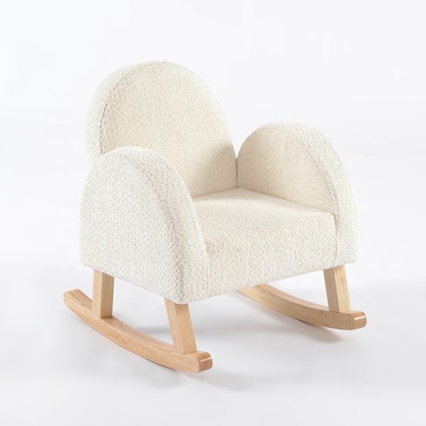 Upholstered Kids Rocking Chair with Wooden Rockers Upholstered Kids Rocking Chair in cream textured fabric with curved wooden rockers
