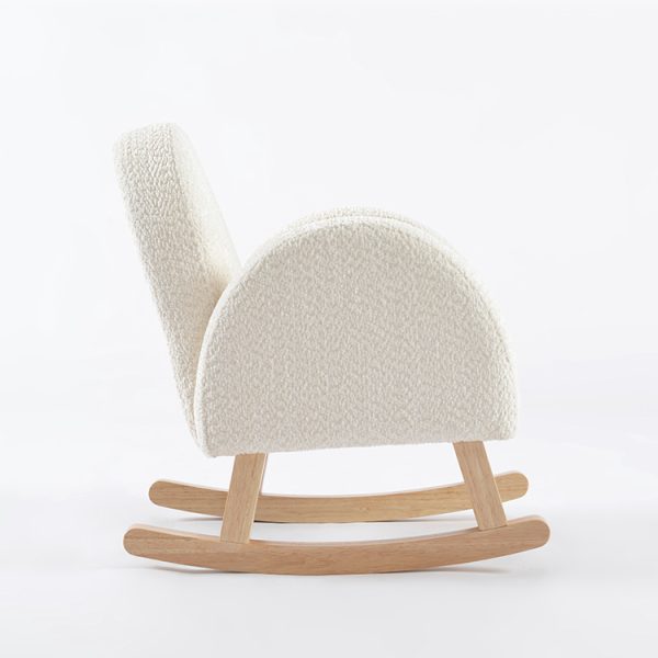 Kids Rocking Chair – Side View Side view of cream kids rocking chair showing rounded backrest and curved wooden rocking rails