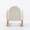 Cream Kids Rocker Chair – Rear View Rear angled view of cream kids rocker chair with upholstered back and natural wooden rockers