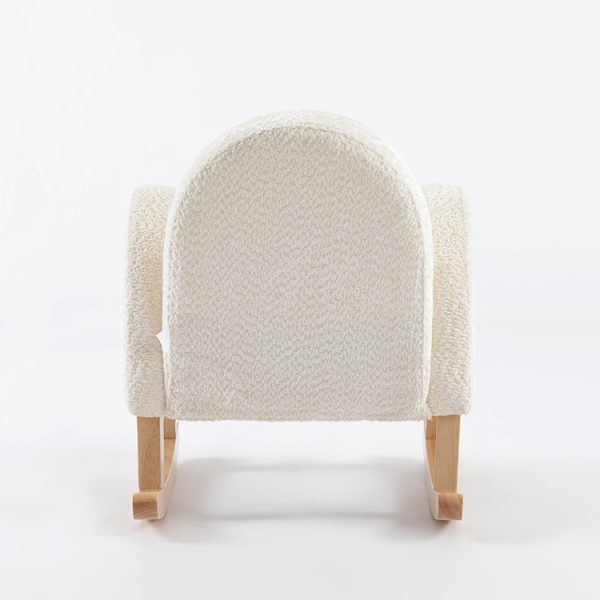 Cream Kids Rocker Chair – Rear View Rear angled view of cream kids rocker chair with upholstered back and natural wooden rockers