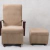 High back nursery glider chair with beige upholstery and matching ottoman