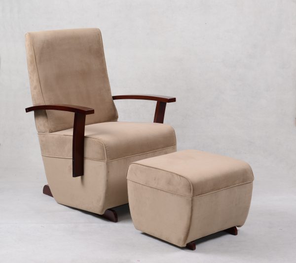 Beige high back nursery glider chair with dark wood armrests and ottoman
