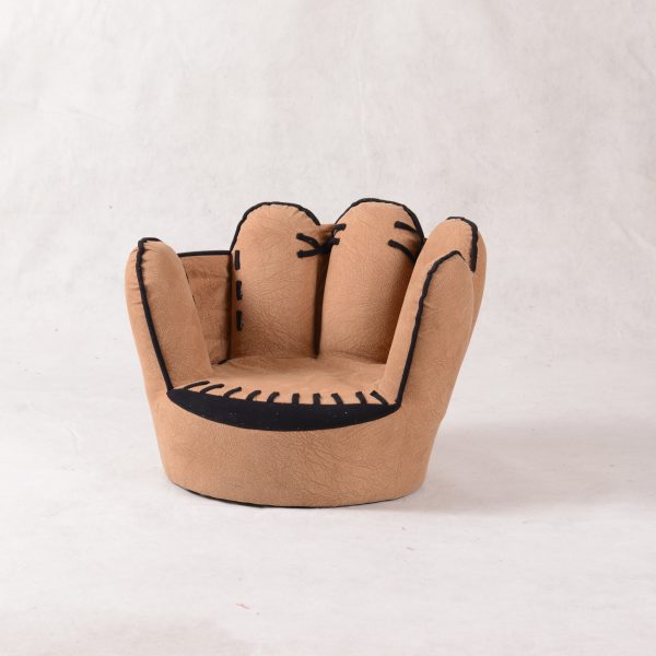 Baseball Glove Kids Chair Front Angle Front angle view of brown baseball glove shaped kids chair