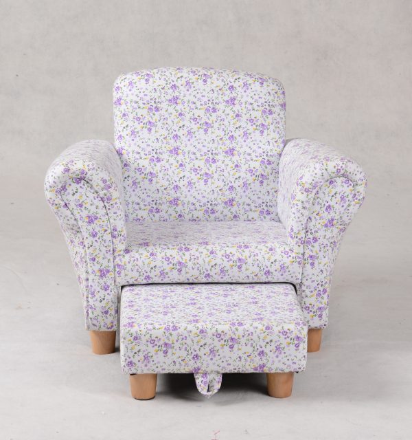 Floral Kids Sofa with Tuck-Away Ottoman – Front View Front view of floral kids sofa with tuck-away ottoman and padded rolled arms