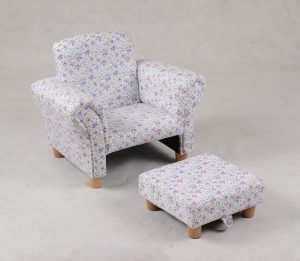 Kids Armchair with Ottoman – Floral Upholstered Design Children's floral armchair with matching upholstered ottoman pulled out