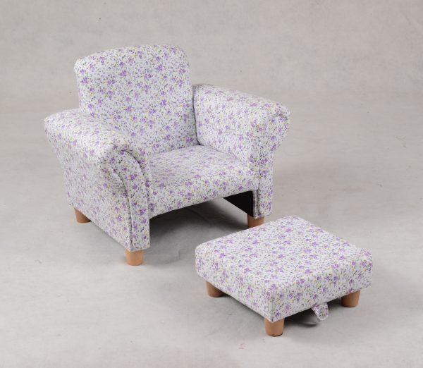 Kids Armchair with Ottoman – Floral Upholstered Design Children's floral armchair with matching upholstered ottoman pulled out