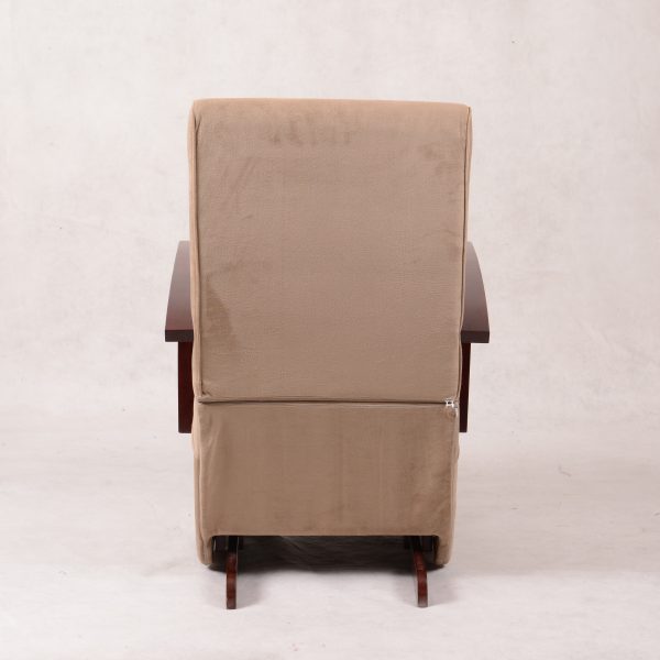 Back view of beige high back nursery glider chair and matching ottoman