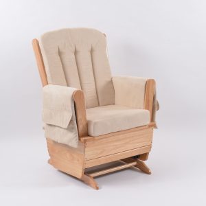 Upholstered nursery glider chair with natural wood base for baby room furniture