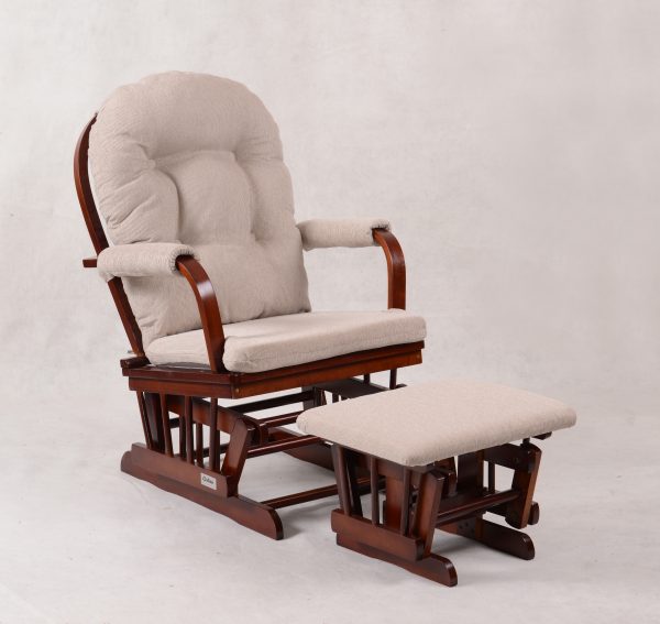 Dark Wood Glider Chair and Ottoman Dark wood padded glider chair with matching gliding ottoman