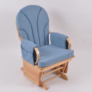 Left front view of blue high back nursery glider chair