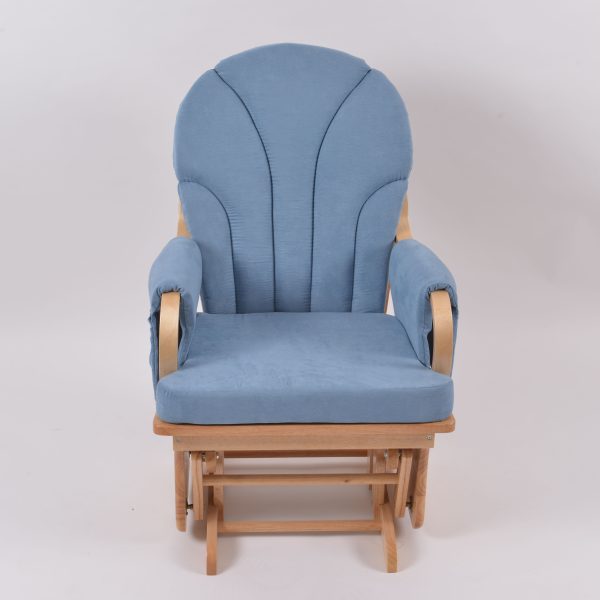 Nursery Glider Chair with Side Pockets Blue nursery glider chair with curved wooden arms and storage pockets