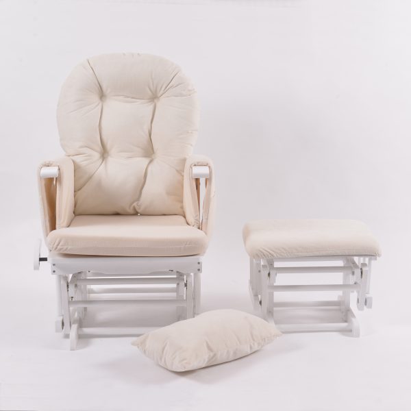 Beige upholstered nursery glider chair with matching ottoman