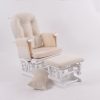 Front view of white nursery glider chair with beige cushions and ottoman