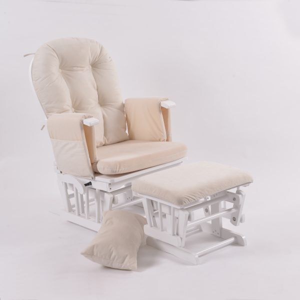 Front view of white nursery glider chair with beige cushions and ottoman