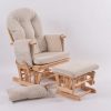 Nursery glider chair with natural wooden frame and matching ottoman
