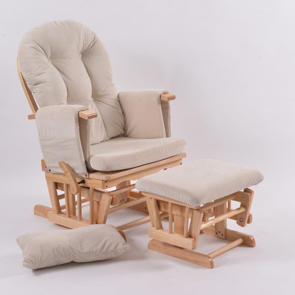 Nursery glider chair with natural wooden frame and matching ottoman