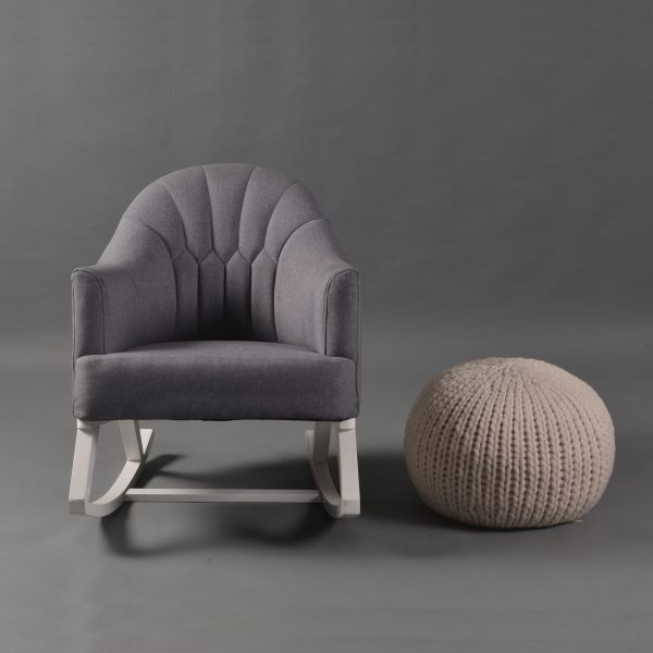 Upholstered Nursery Rocking Chair - Front View Gray upholstered nursery rocking chair with white wooden rocker base