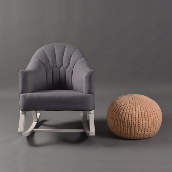 Front view of gray shell back kids rocking chair with padded armrests