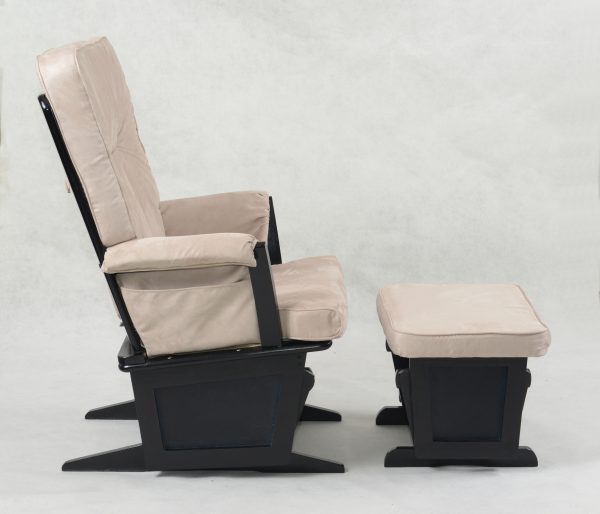 Nursery Glider Chair with Ottoman - Side View Side view of beige wooden nursery glider chair with matching ottoman