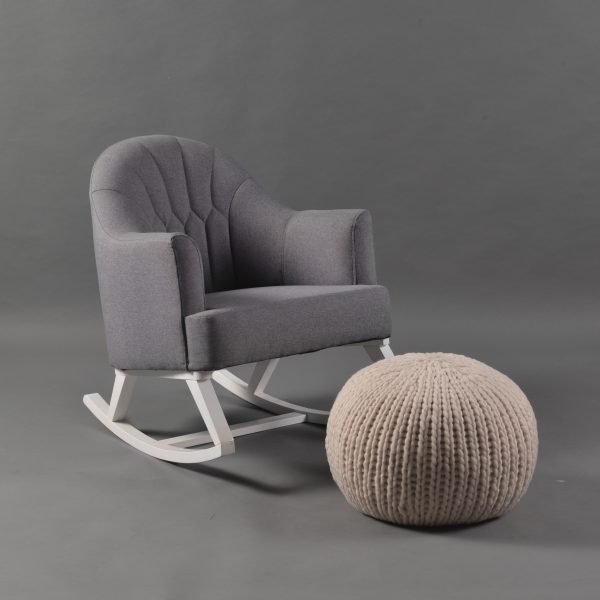 Modern Nursery Rocking Chair - Angled View Modern gray nursery rocking chair with curved wooden rocker base