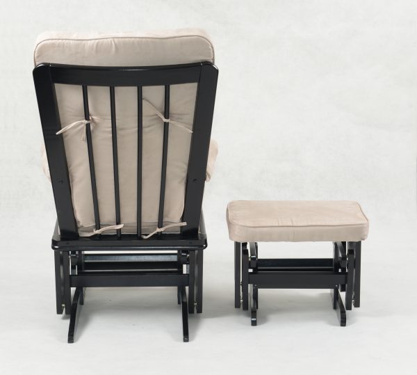 Nursery Glider Chair with Ottoman - Rear View Rear view of wooden nursery glider chair with matching ottoman
