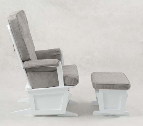 Nursery Glider Chair with Ottoman - Side View Side view of white wooden nursery glider chair with matching ottoman