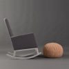 Slim Arm Nursery Rocking Chair Side view of upholstered nursery rocking chair with curved white rockers