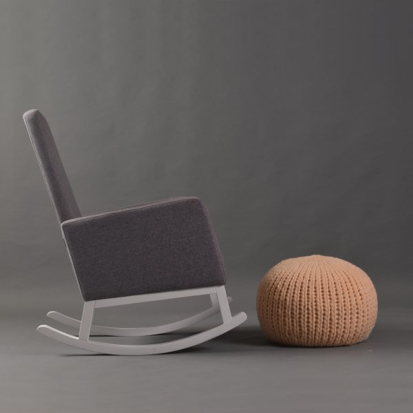 Slim Arm Nursery Rocking Chair Side view of upholstered nursery rocking chair with curved white rockers