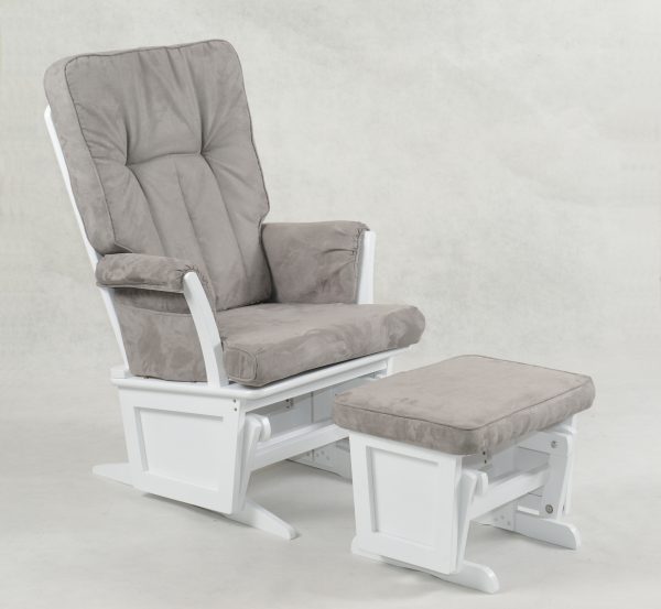 Gray Nursery Glider Chair with Ottoman Gray upholstered nursery glider chair with white wooden frame and ottoman